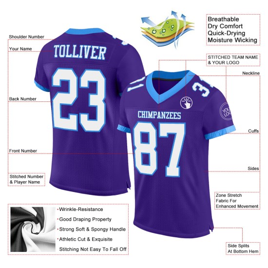 Maglia da calcio autentica viola a rete bianca e blu polvere personalizzata Maglia da calcio autentica viola a rete bianca e blu polvere personalizzata