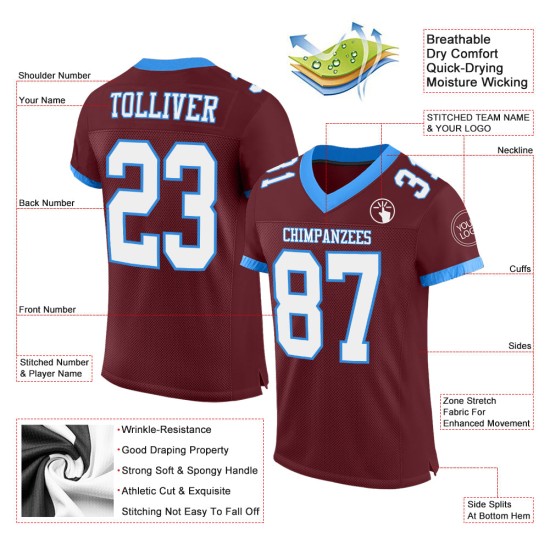 Maglia da calcio bordeaux personalizzata autentica, bianca e blu polvere Maglia da calcio bordeaux personalizzata autentica, bianca e blu polvere