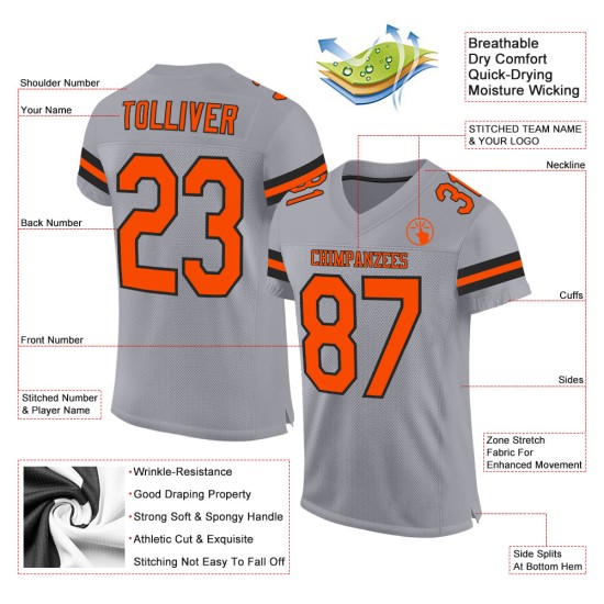 Maglia da football arancione-nera personalizzata grigio chiaro autentica in mesh Maglia da football arancione-nera personalizzata grigio chiaro autentica in mesh