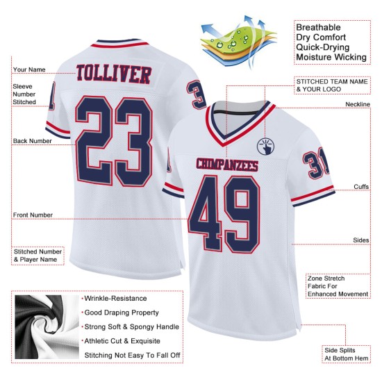 Maglia da football bianca personalizzata, autentica, da uomo, in maglia blu navy e rossa Maglia da football bianca personalizzata, autentica, da uomo, in maglia blu navy e rossa