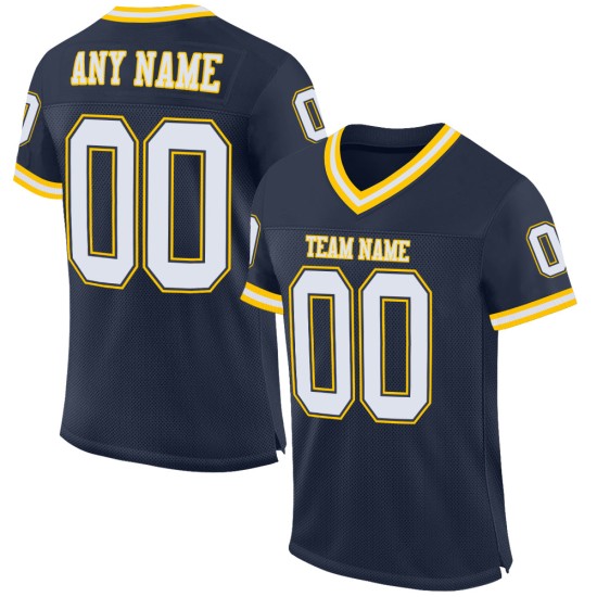 Maglia da football autentica personalizzata in maglia bianca e oro, stile retrò, blu navy Maglia da football autentica personalizzata in maglia bianca e oro, stile retrò, blu navy