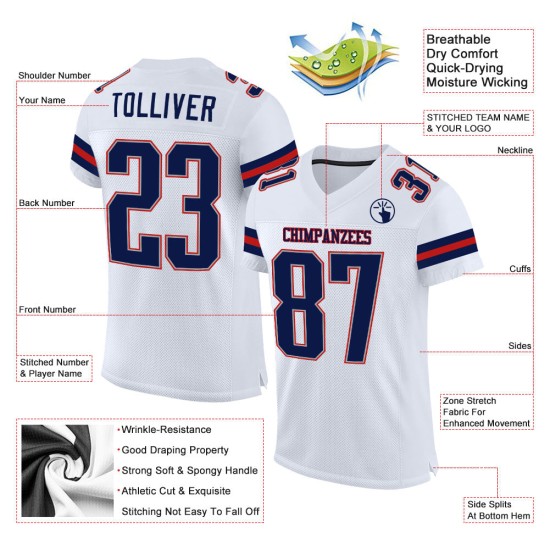 Maglia da calcio a rete bianca personalizzata, autentica, blu navy-scarlatto Maglia da calcio a rete bianca personalizzata, autentica, blu navy-scarlatto