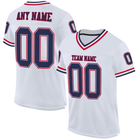 Maglia da football bianca personalizzata, autentica, da uomo, in maglia blu navy e rossa Maglia da football bianca personalizzata, autentica, da uomo, in maglia blu navy e rossa
