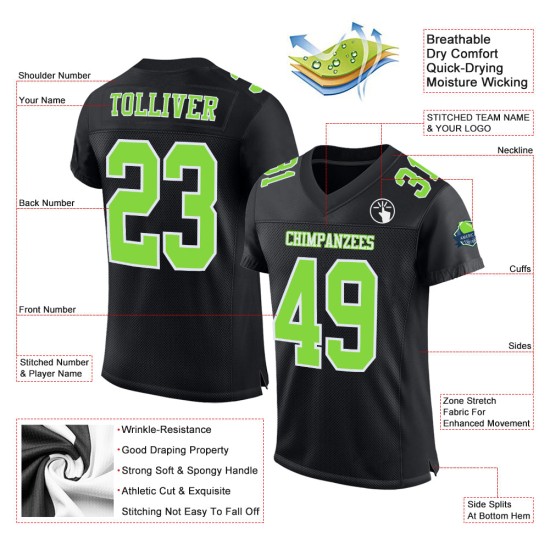 Maglia da football personalizzata verde neon-bianca, autentica, in mesh nera Maglia da football personalizzata verde neon-bianca, autentica, in mesh nera