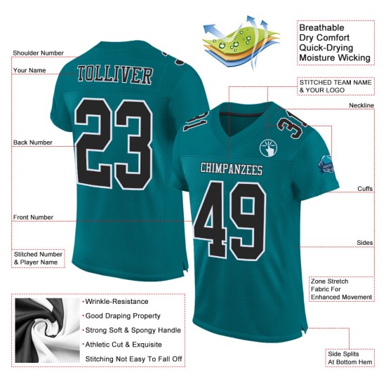 Maglia da football autentica personalizzata nera e bianca, in maglia verde acqua Maglia da football autentica personalizzata nera e bianca, in maglia verde acqua