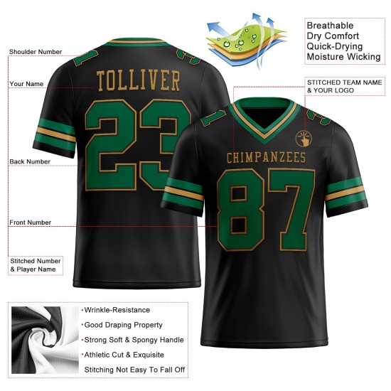 Maglia da football Kelly autentica in maglia dorata, verde-nero antico, personalizzata Maglia da football Kelly autentica in maglia dorata, verde-nero antico, personalizzata