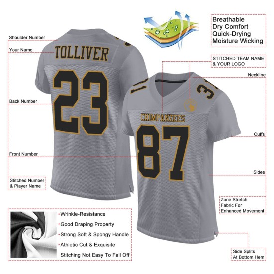 Maglia da football personalizzata in maglia dorata autentica nera e grigia antica Maglia da football personalizzata in maglia dorata autentica nera e grigia antica