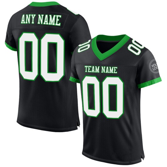 Maglia da football autentica nera e verde personalizzata, maglia bianca-erba Maglia da football autentica nera e verde personalizzata, maglia bianca-erba
