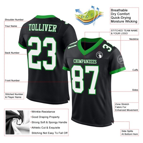 Maglia da football autentica nera e verde personalizzata, maglia bianca-erba Maglia da football autentica nera e verde personalizzata, maglia bianca-erba