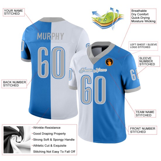 Maglia da calcio Split personalizzata, maglia in polvere grigio-bianca, blu moda Maglia da calcio Split personalizzata, maglia in polvere grigio-bianca, blu moda
