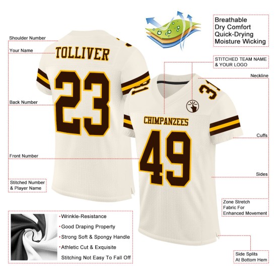 Maglia da football autentica color crema marrone-oro personalizzata in mesh Maglia da football autentica color crema marrone-oro personalizzata in mesh